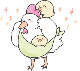 子育て、抱っこをする可愛いにわとりとひよこ
