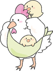 子育て、抱っこをする可愛いにわとりとひよこ