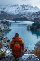 Traveler Enjoying Breathtaking Winter Mountain Landscape by a Pristine Lake