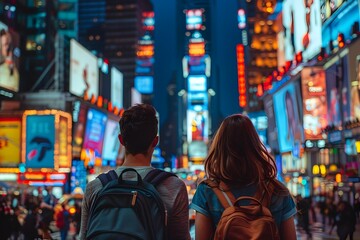 Lively Nighttime Scene of Tourists Exploring the Bright Lights and Iconic Landmarks of Times Square,New York City