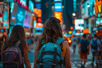 Obraz premium Vibrant Nighttime Scene of Bustling Times Square in New York City with Bright Lights and Billboards