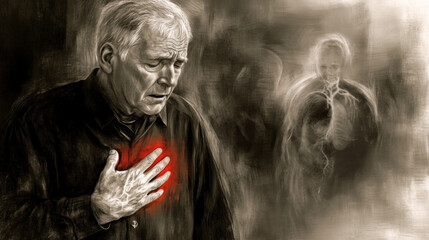 Obraz premium A man with a red heart on his chest is surrounded by a dark, ominous atmosphere. The man's face is filled with fear and pain