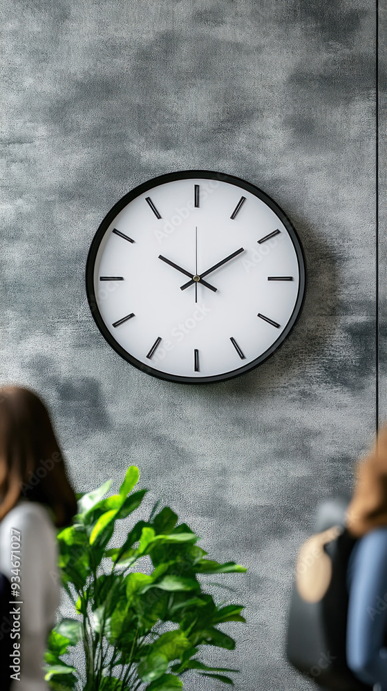 Poster a woman is standing in front of a clock that is set to the time of 10:00