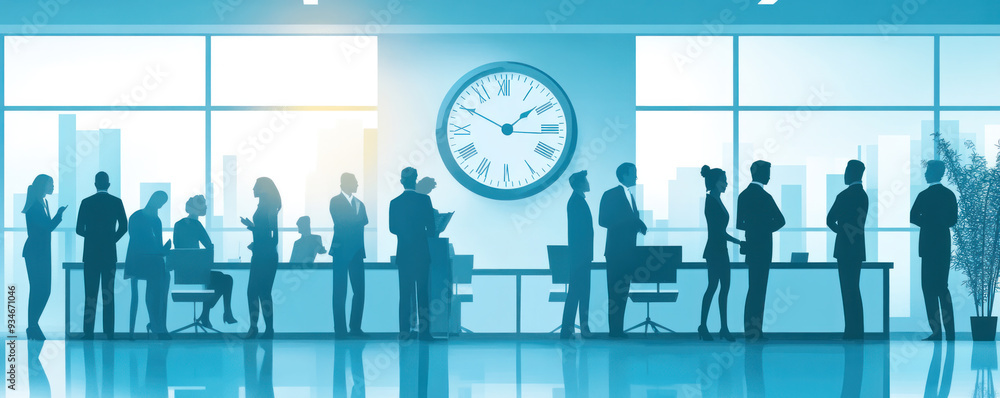 Poster a group of people are standing in a room with a clock on the wall. the clock is showing the time as 