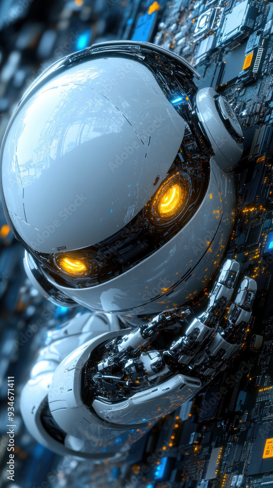 Poster a robot is peeking out from behind a wall of computer chips. the robot is white and yellow, with a p
