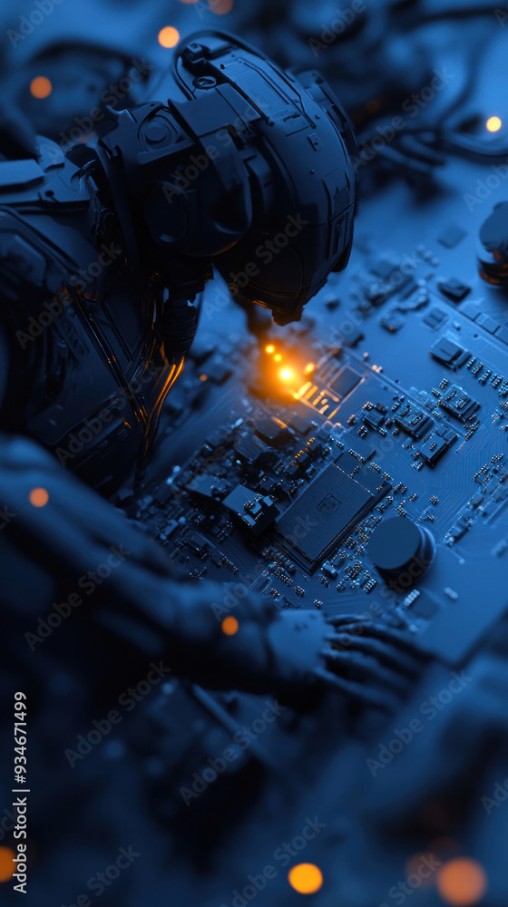Poster a man is looking at a computer monitor with a glowing orange light. the image is a representation of