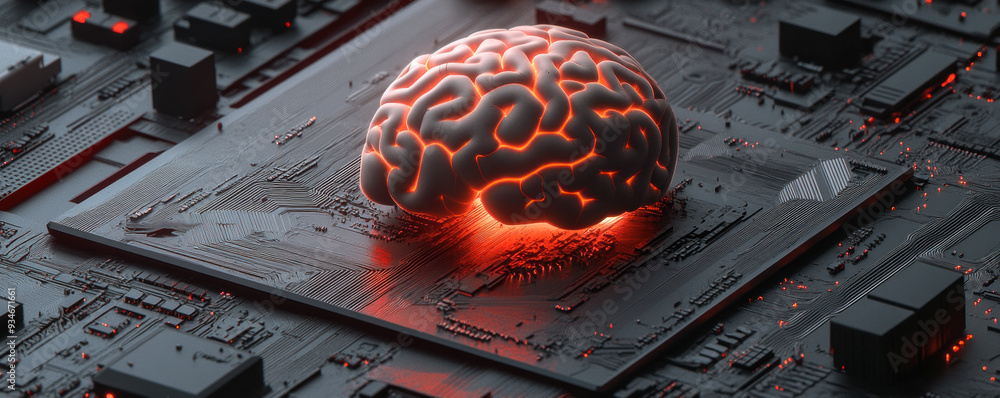 Poster a computer chip with a brain on it. the brain is glowing red. concept of technology and artificial i