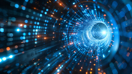 Obraz premium A mesmerizing digital tunnel illuminated with blue and orange lights, creating a dynamic, high-tech atmosphere with intricate patterns and a sense of depth and motion