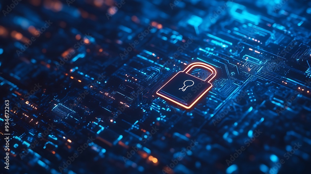 Poster cyber security: padlock icon on a circuit board