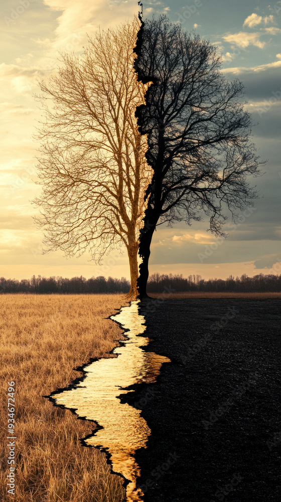 Poster a tree is split in half, with one half being a tree and the other half being a road. the image has a