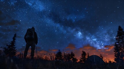 Fototapeta premium Adventurer Camping Under Breathtaking Starry Night Sky in Wilderness