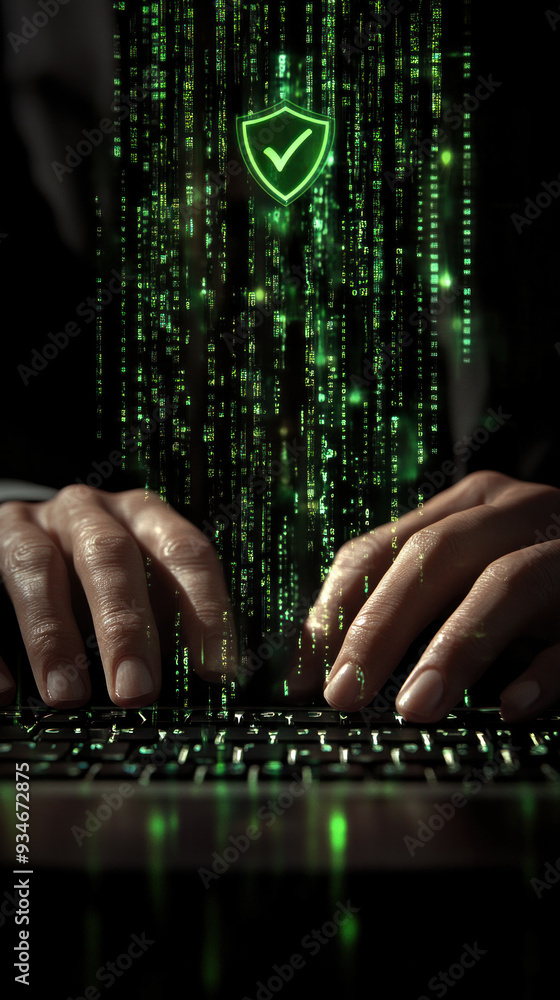 Poster a person is typing on a keyboard with a green shield in the background. the shield has a checkmark o