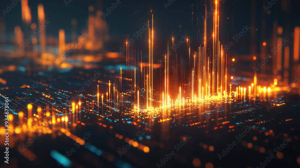 Poster a computer generated image of a cityscape with orange and blue lines. the image has a futuristic and