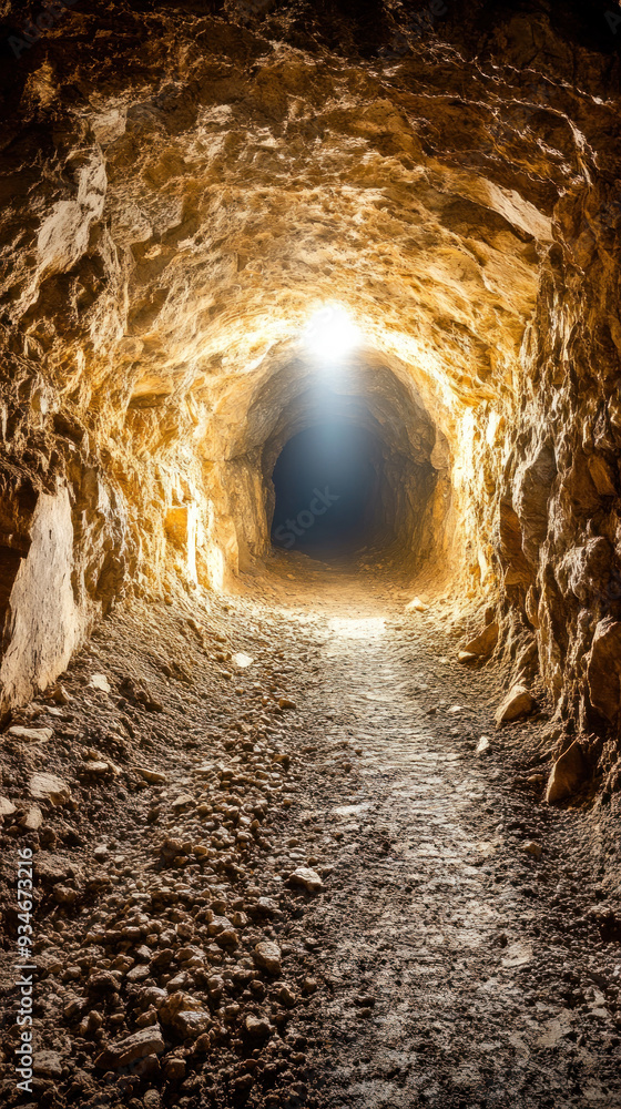 Poster A tunnel with a light shining through it. The light is the only source of illumination in the tunnel