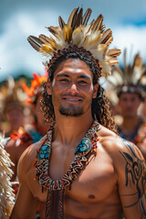 Tribal Warrior in Traditional Feathered Headdress at a Cultural Gathering