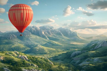 Naklejka premium Breathtaking Hot Air Balloon Ride Over Scenic Mountain Valley Landscape