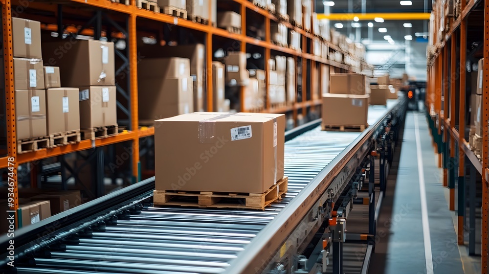 Poster efficient logistics center with packages and parcels sorted on conveyor belts for efficient distribu