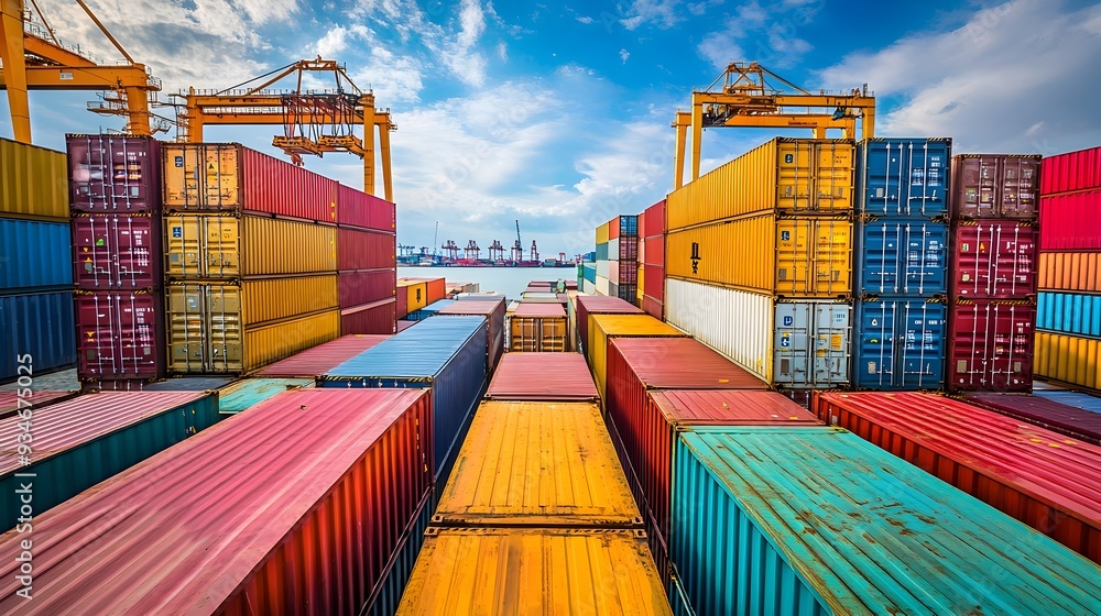 Poster colorful cargo containers being stacked and arranged by cranes in a large bustling shipping port ter