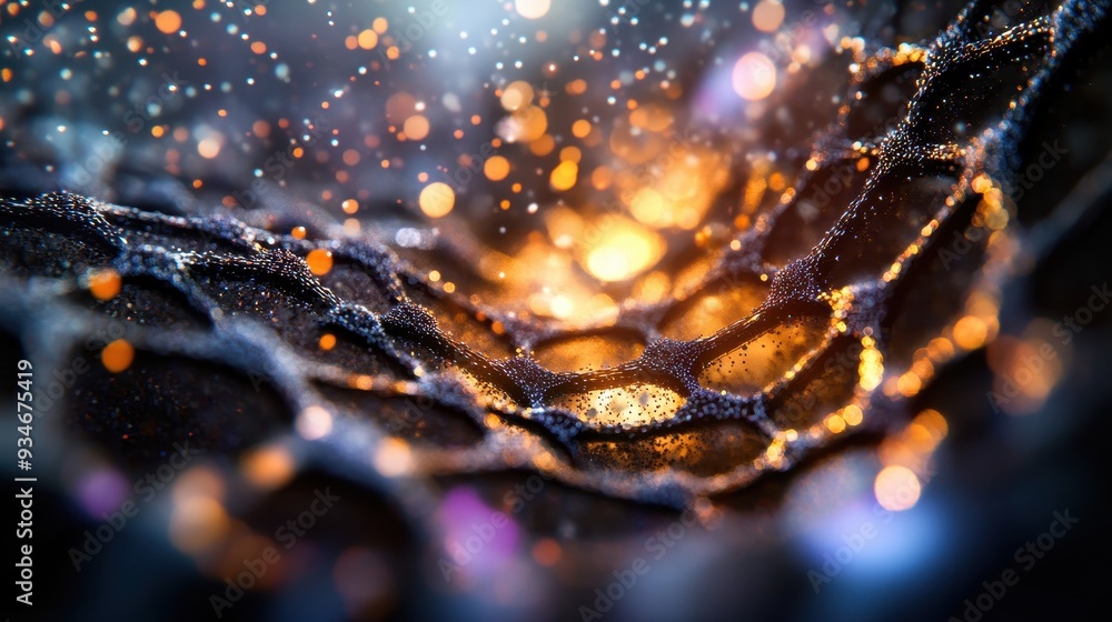 Wall mural Abstract Macro Shot of a Glowing Web with Bokeh Lights in the Background