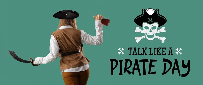 Beautiful female pirate with sword and rum on green background. Banner for Talk Like a Pirate Day