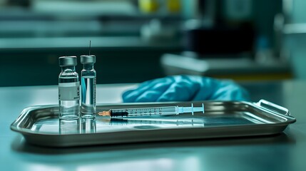 A close up photograph showcasing a syringe and a vial of medication neatly arranged on a sterile metal medical tray with a surgical glove visible in the background