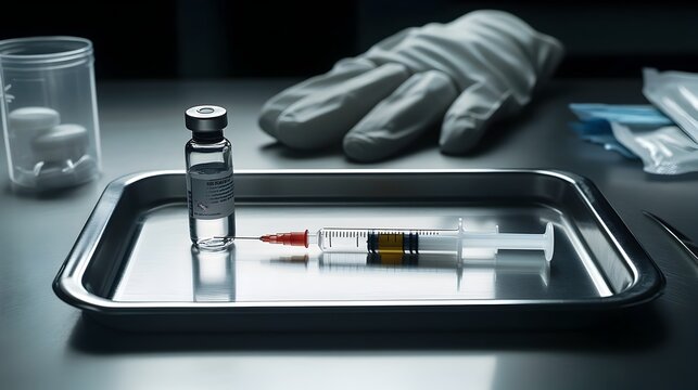 Close up Image of a Sterile Syringe and Vial of Medication or Vaccine Arranged on a Clean Metal Tray Suggesting Medical or Pharmaceutical Treatment or Procedure