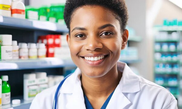 Friendly Pharmacist in White Coat at Modern Pharmacy