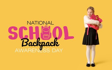 Cute girl with schoolbag on yellow background. National School Backpack Awareness Day