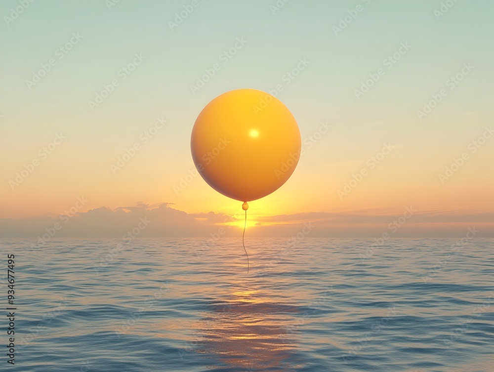 Poster a serene 3d rendered image of a yellow balloon drifting peacefully over a calm ocean at sunset with 