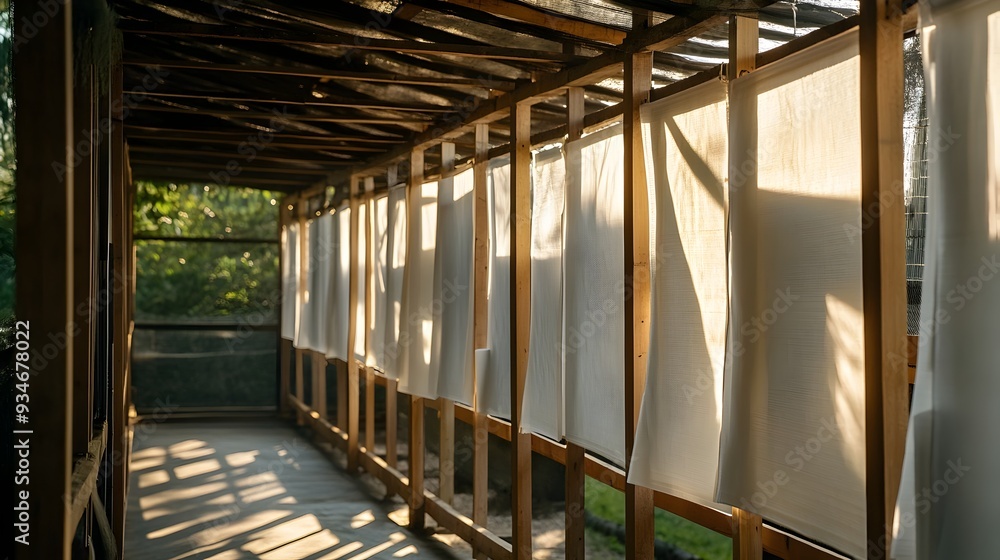 Poster rubber sheets hanging on wooden frames in a sunlit drying area with soft natural light filtering thr