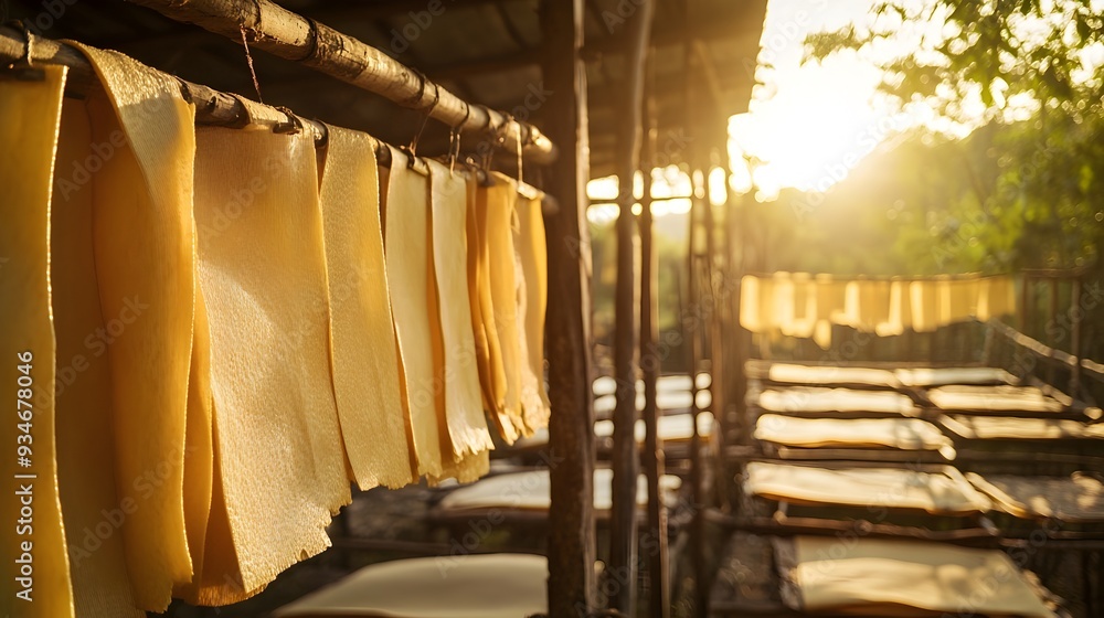 Poster rubber sheets hanging on wooden frames in a drying area with sunlight filtering through the sheets c