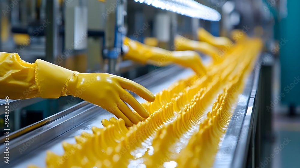 Poster automated rubber glove manufacturing process in a modern factory rows of gloves being formed cured a