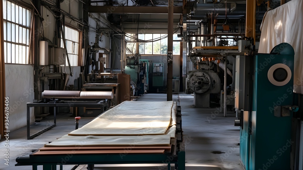 Poster latex to rubber sheets manufacturing process in factory setting raw latex being transformed into fin