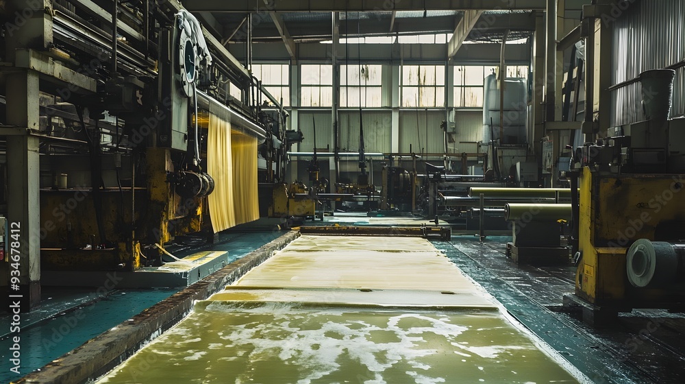 Poster a factory setting where raw latex is being processed into rubber sheets with various machinery and d