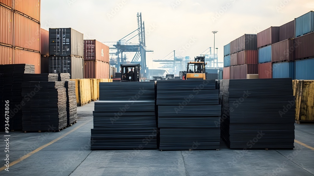 Poster exporting rubber sheets for global trade stacks of rubber sheets being prepared for export with ship