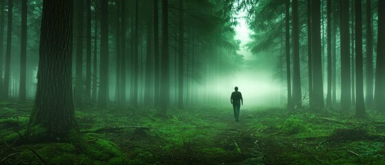 Solitary Figure Walking Through a Misty Forest with Tall Trees and Lush Greenery