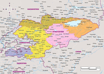 Obraz premium Detailed political map of Kyrgyzstan