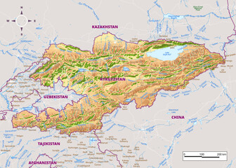 Obraz premium Detailed physical map of Kyrgyzstan