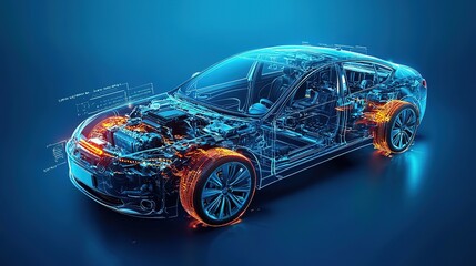 3d render of a electronic car on blue background