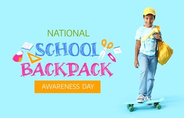 Little African-American boy with schoolbag and skateboard on blue background. National School Backpack Awareness Day