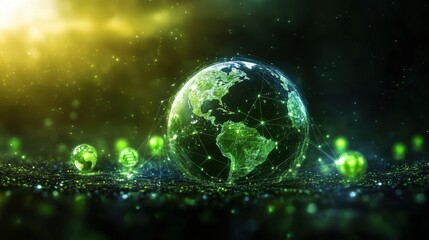 Fototapeta premium Digital Green Earth with Network Connections and Glowing Spheres in a Futuristic Environment