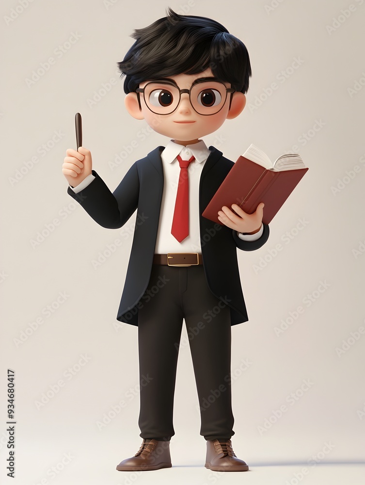 Poster detailed 3d animated character of a male teacher standing in a classroom environment holding a book 