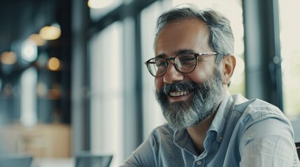 Seasoned professional grinning during a gathering with associates in a conference room Collaboration among team members taking place