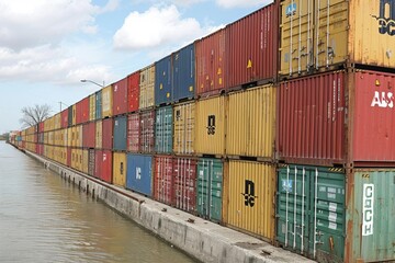 Fototapeta premium Stacked shipping containers along a waterfront under a partly cloudy sky