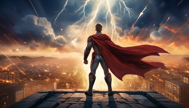 a superhero in a dynamic battle scene, standing on a crumbling rooftop with lightning striking in the background