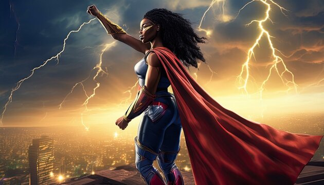 a supergirl in a dynamic battle scene, standing on a crumbling rooftop with lightning striking in the background
