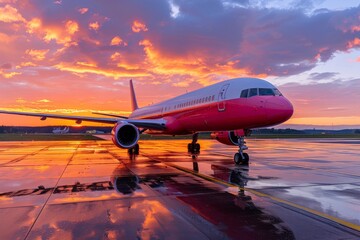 Airplane on runway at sunset with vibrant clouds reflecting in puddles