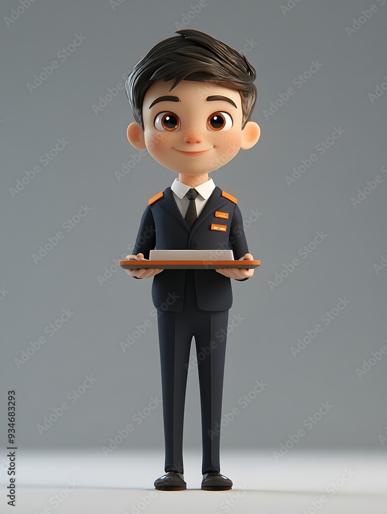 Poster fully animated 3d model of a young boy wearing a professional flight attendant uniform and holding a