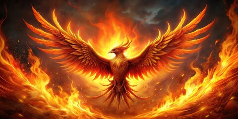 Fototapeta premium Majestic fiery Phoenix rising from the ashes , mythical, bird, rebirth, fire, feathers, creature, legendary