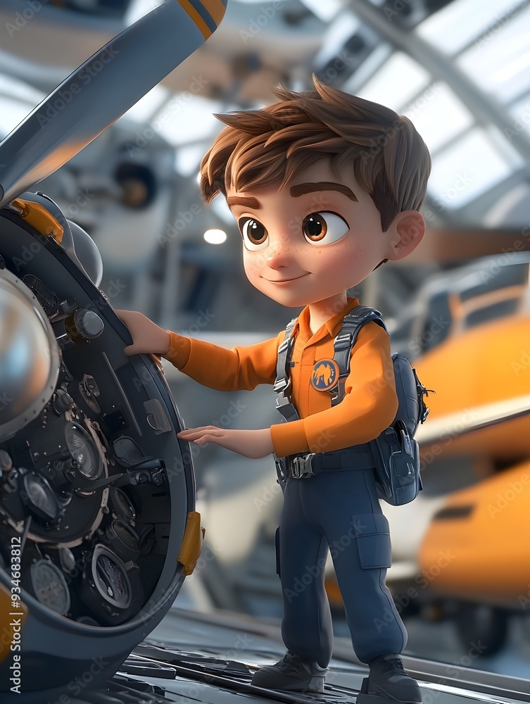 Aufkleber a 3d animated rendering of a young boy in a flight engineer s uniform examining an aircraft with foc